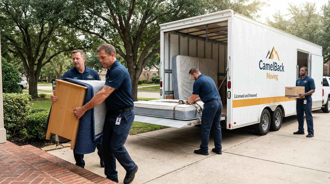 Crew loading residential truck for cross-state move from Lake Dallas, TX