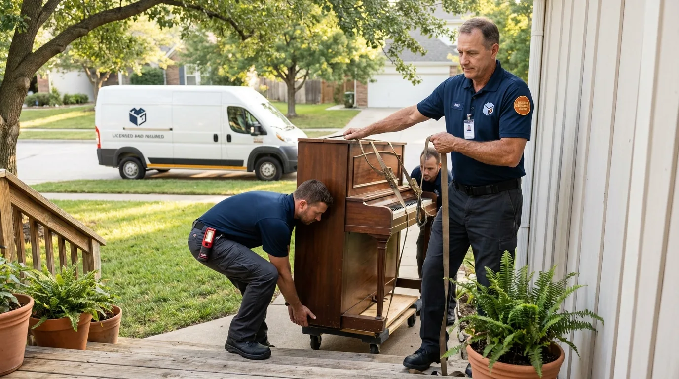 Licensed piano movers securing grand piano in Lake Dallas, TX