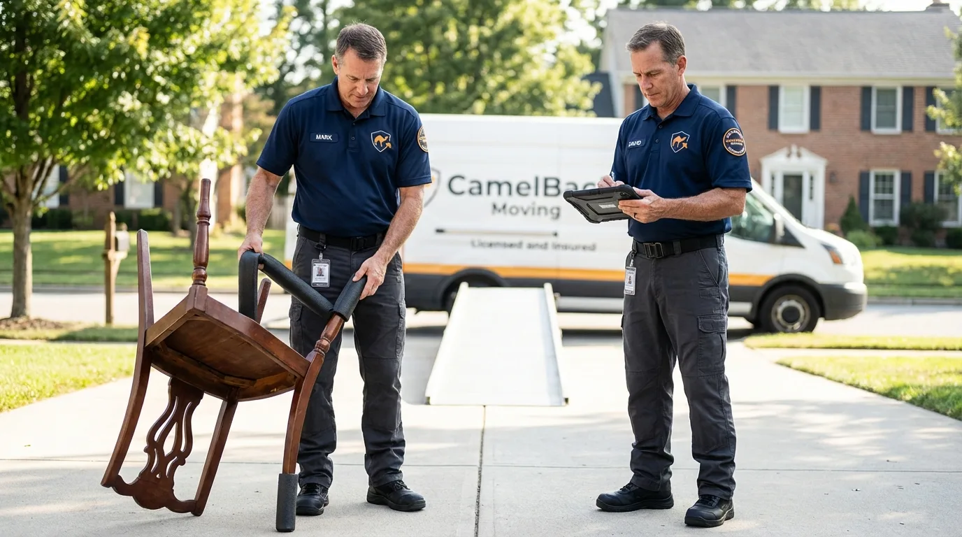 Movers inspecting furniture for damage prevention before loading in Lake Dallas, TX