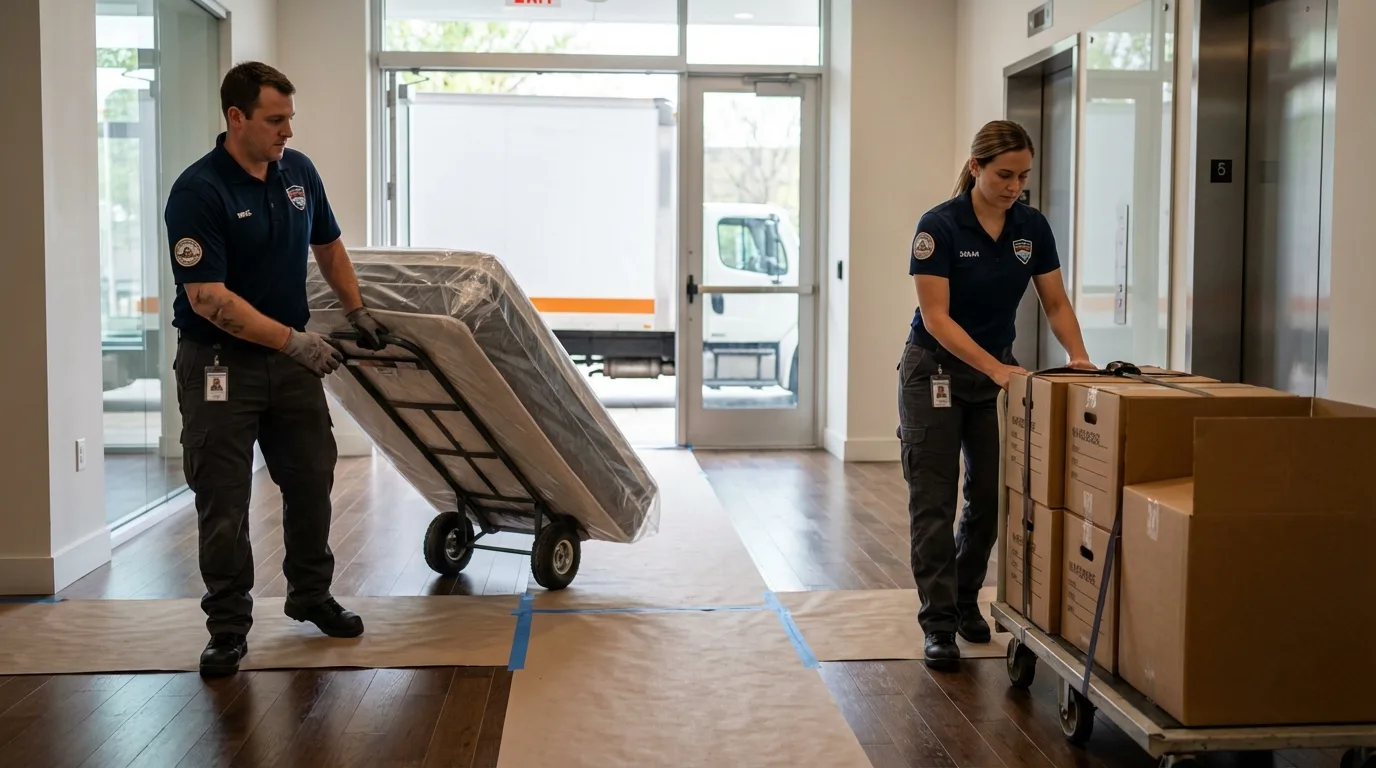 Professional apartment movers loading elevator in Lake Dallas, TX