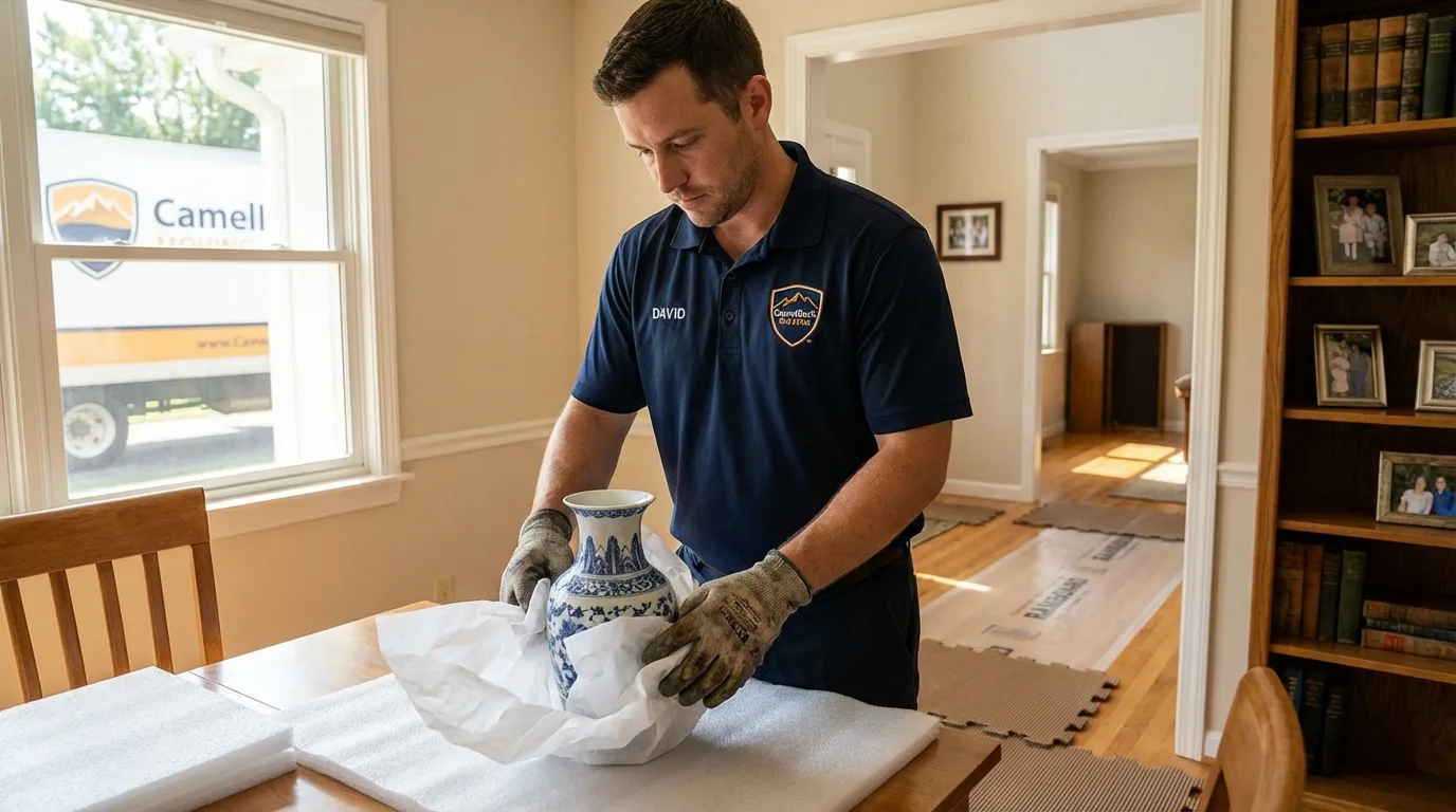 Professional crew carefully wrapping antique vase for senior downsizing move in Lake Dallas, TX